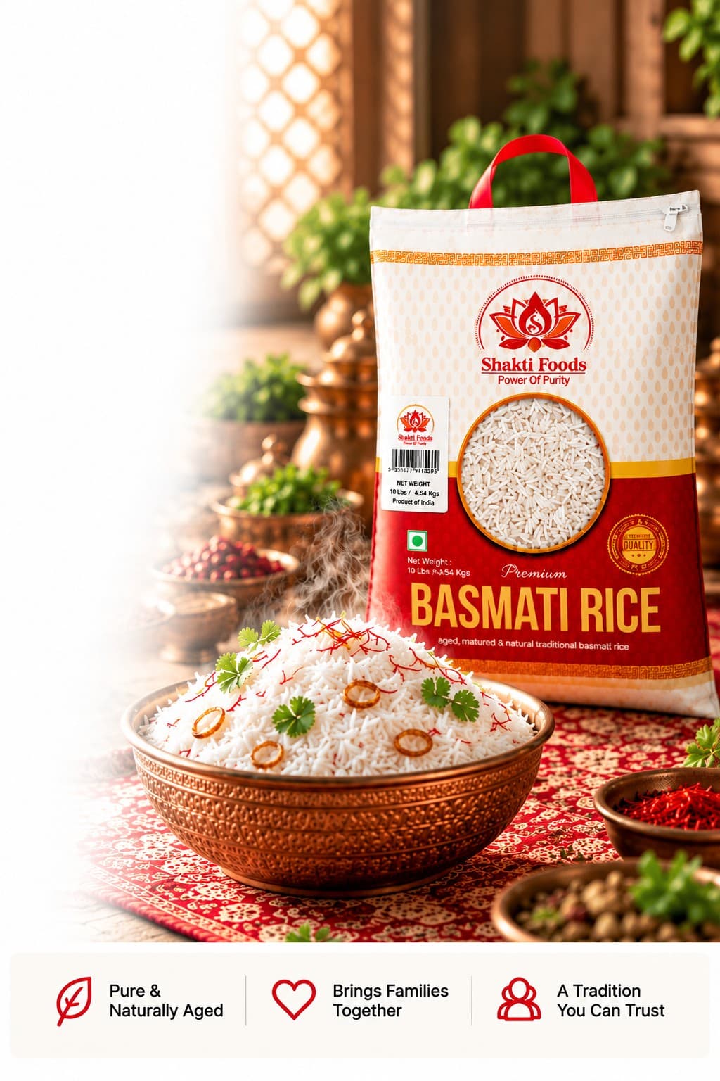 Shakti Foods 10 lb Premium Basmati Rice with white rice in a traditional copper bowl